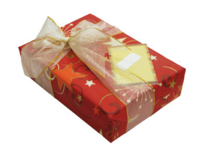 wrapped present with book inside