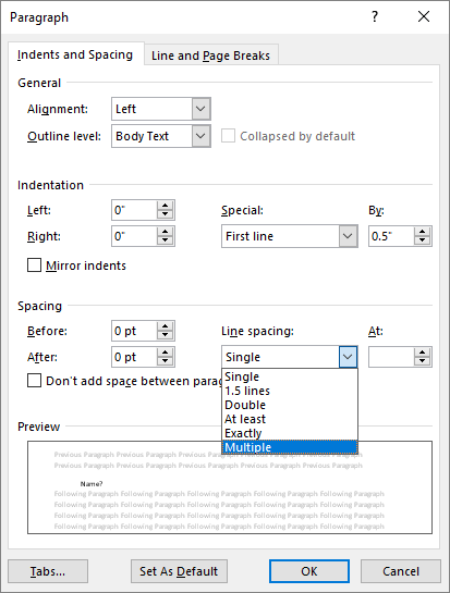 Paragraph Dialog Box with Line Spacing drop down box selected.