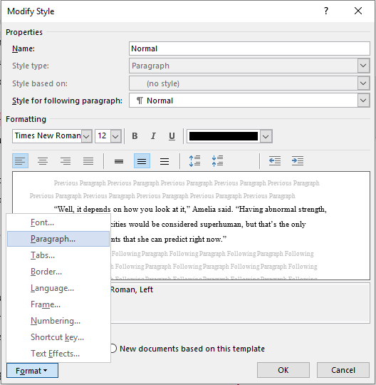 style modification menu for formatting paragraphs and indentation in MS Word